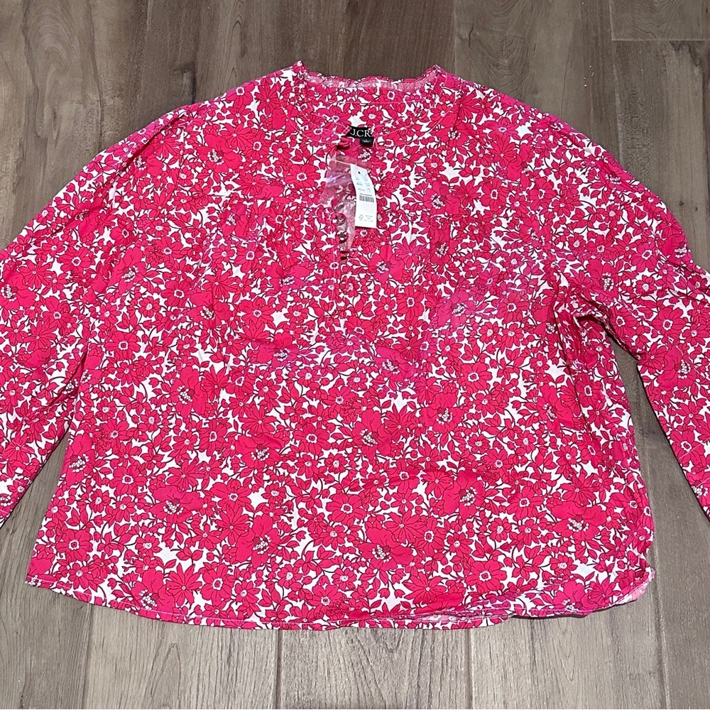 NWT Button-front ruffleneck popover in blushing meadow cotton poplin size large - Picture 3 of 8